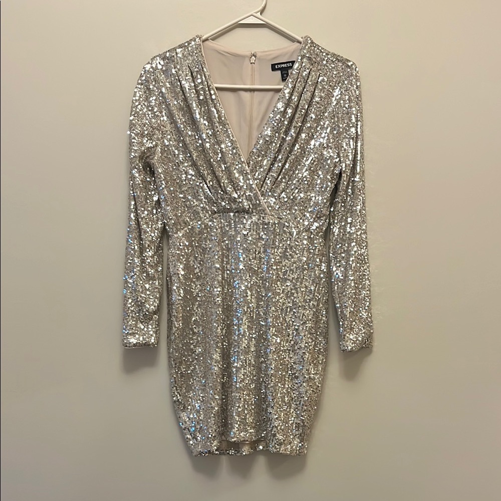 Express Silver Sequin Ruched Bodycon Dress